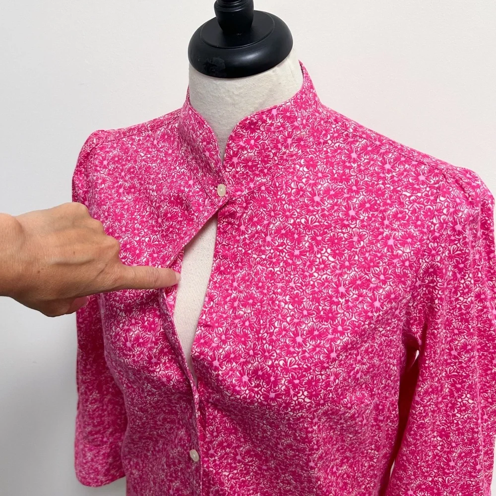 Lilly Pulitzer Pink Ivory Floral High V Neck Collar Button Up 3/4 Sleeve Blouse